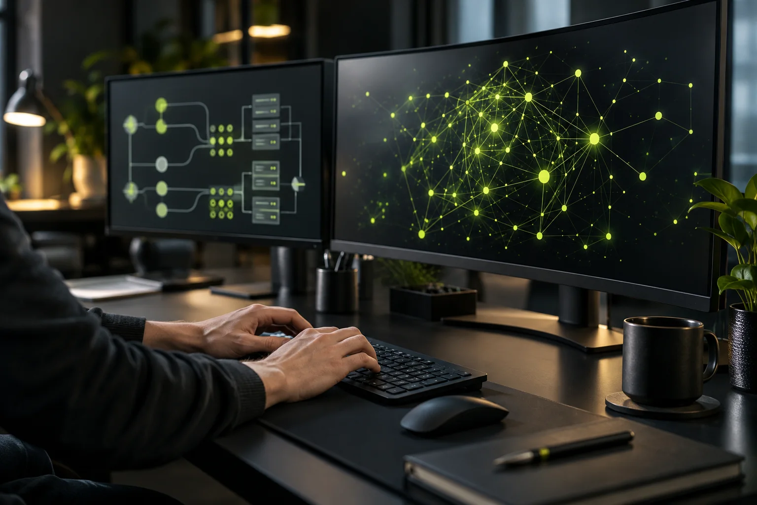 Illustration of an IT support workspace with AI network and infrastructure displays